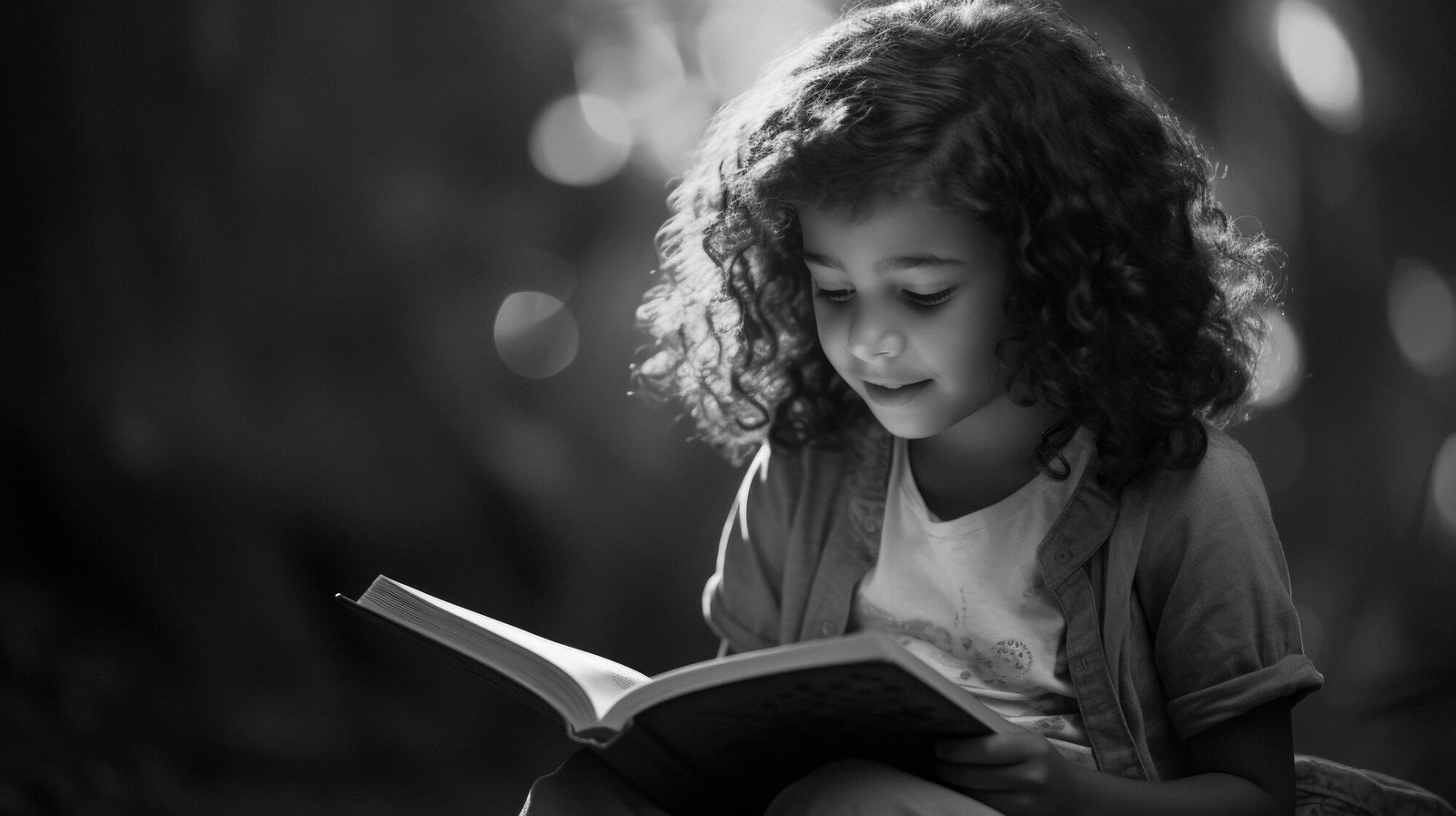 Criança lendo a Bíblia, menina de cabelo cacheado lendo livro, Bíblia infantil
