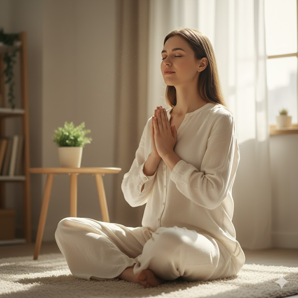 Bela mulher jovem de pijama orando - Oração para acalmar o coração