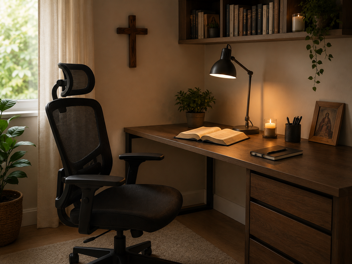 Cantinho de oração com cadeira de escritório e mesa